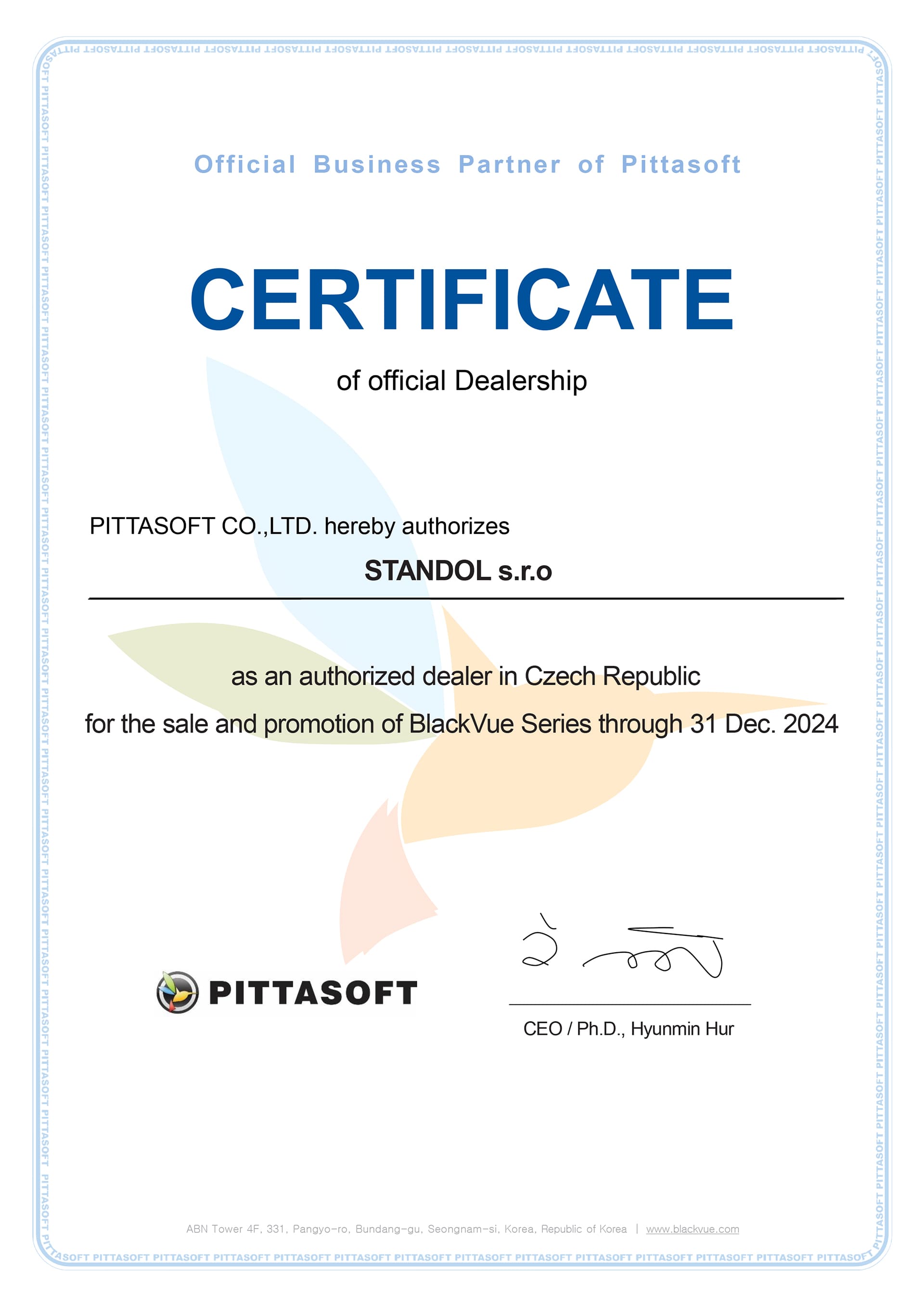 Certificate of Official Dealership, Standol 2024